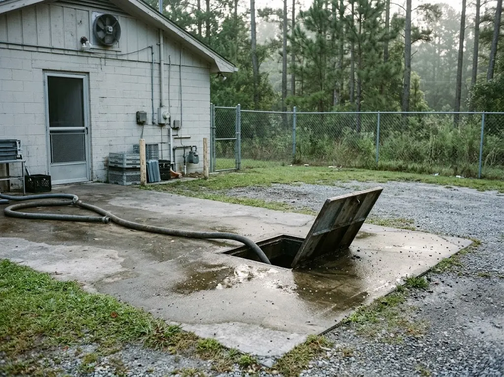 Grease trap lid open behind a small restaurant with a vacuum hose attached