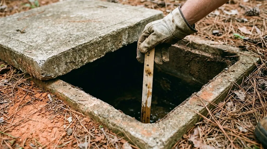 Septic tank inspection with the lid open in Houston County, AL
